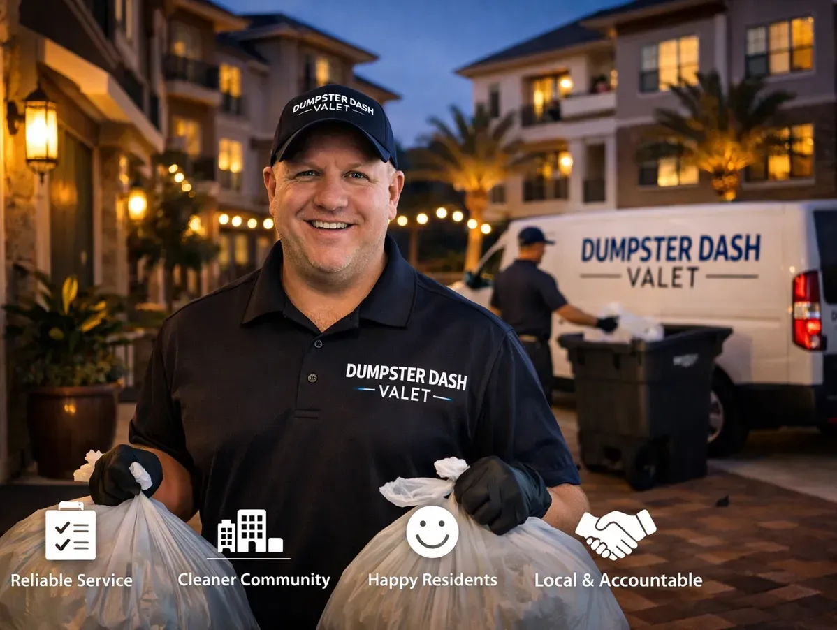 Chris Lenihan, owner of Dumpster Dash Valet, in branded uniform collecting trash at an apartment community at night with the company van in the background